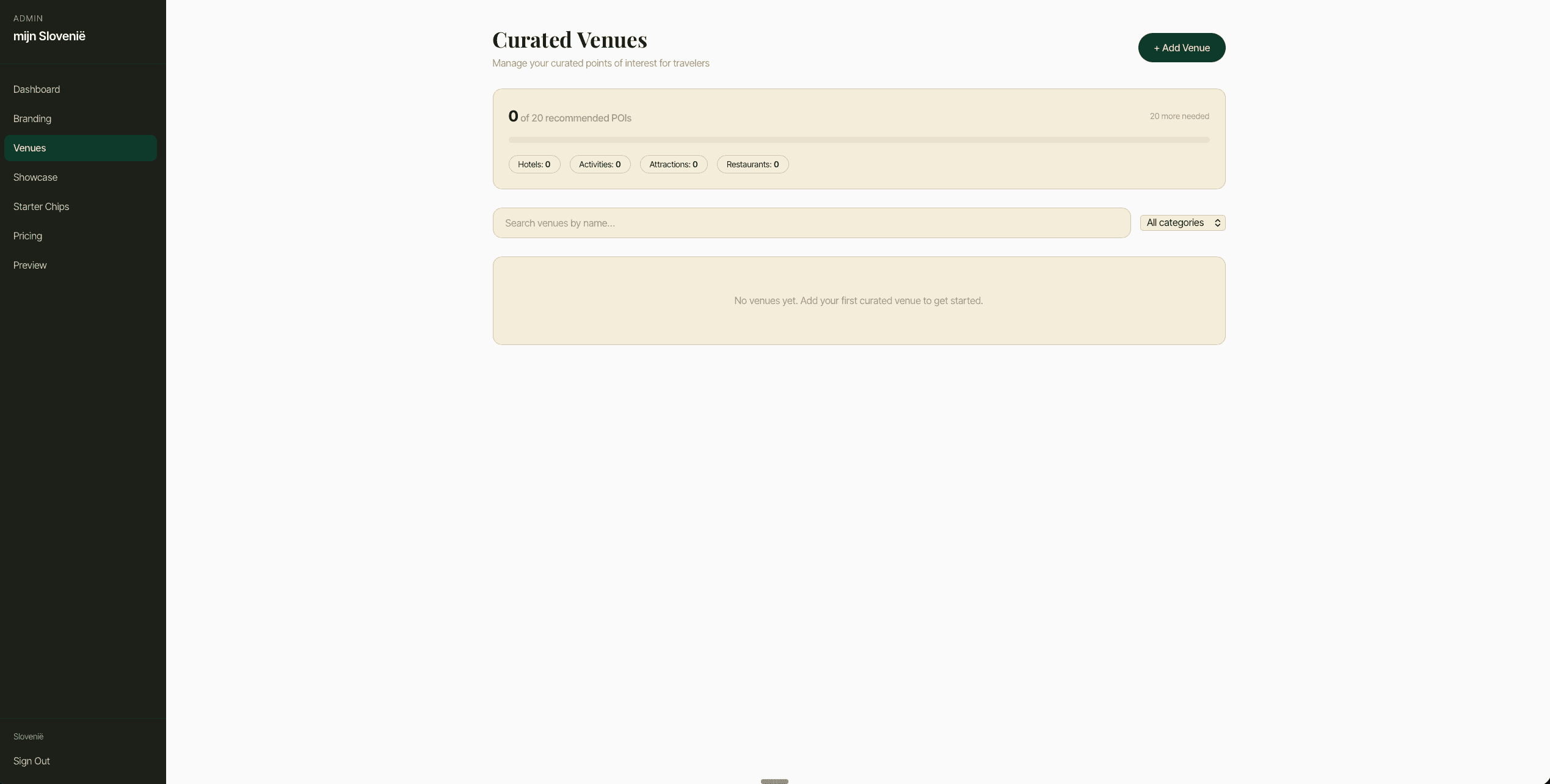 Curated venues view — agency's supplier list