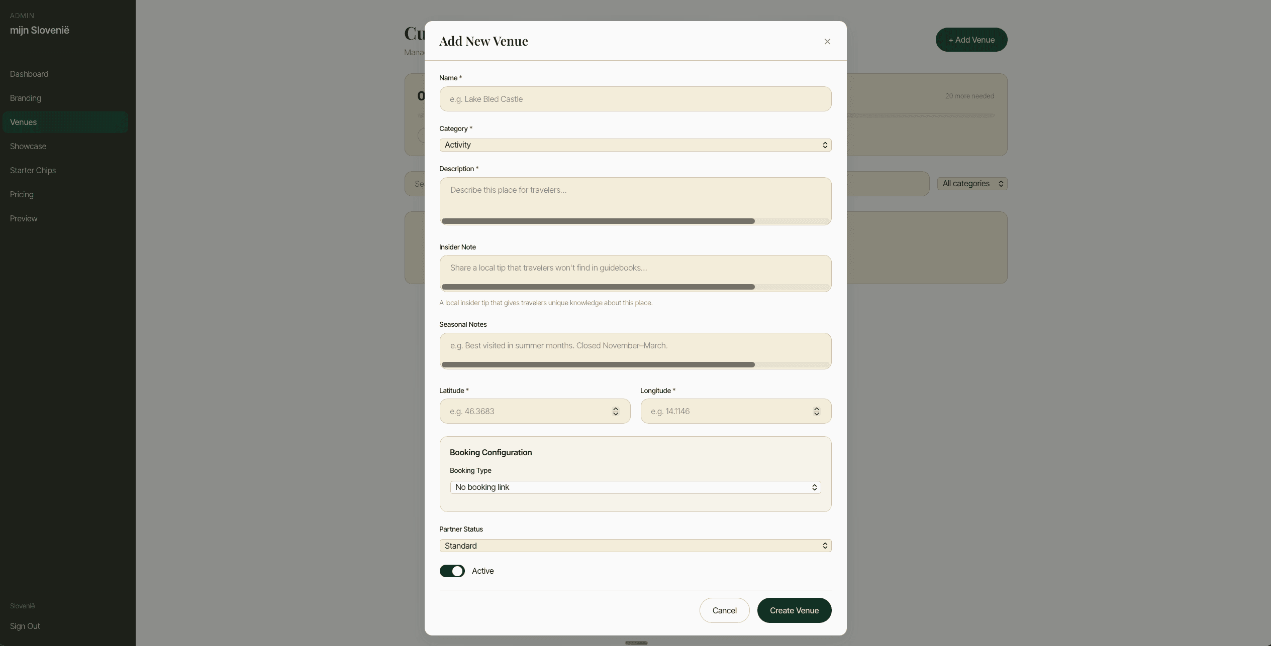 Curated venues view with human notes that drive both AI prose and in-product surfaces