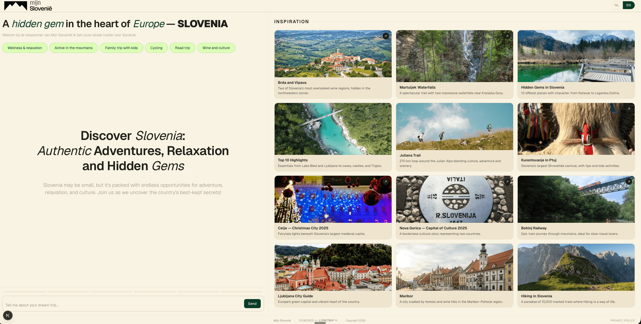 Client-facing start screen, branded to mijn Slovenië