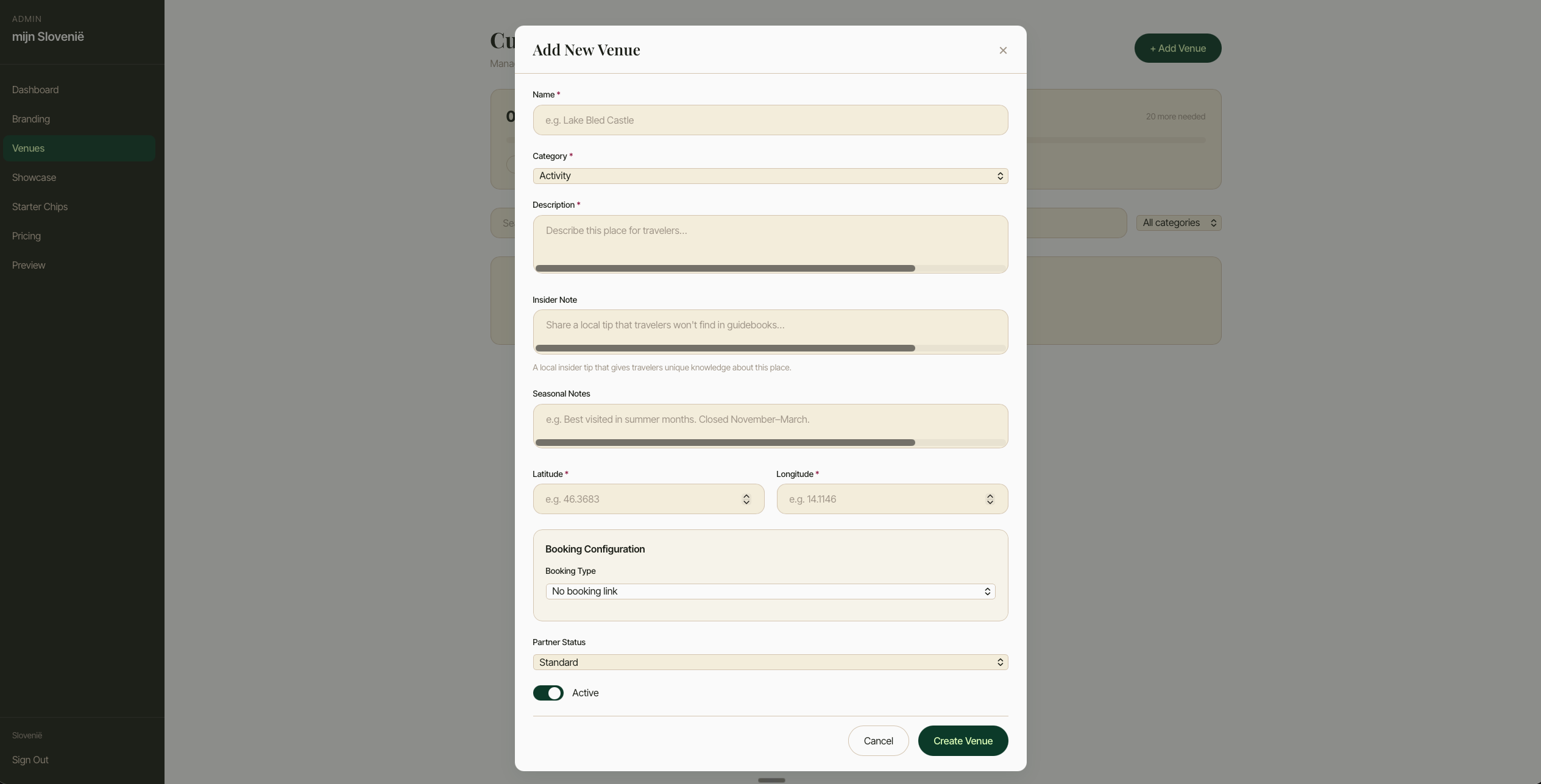 Curated venues view with human notes that drive both AI prose and in-product surfaces